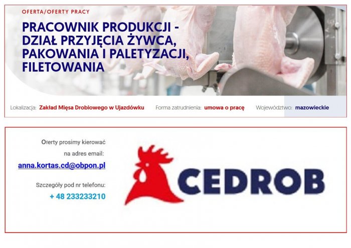 Pracownik Produkcji - Dział Przyjęcia Żywca Drobiowego