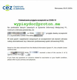 Poświadczenie Przyjęcia Szczepionki C19 lub innej Certyfikat