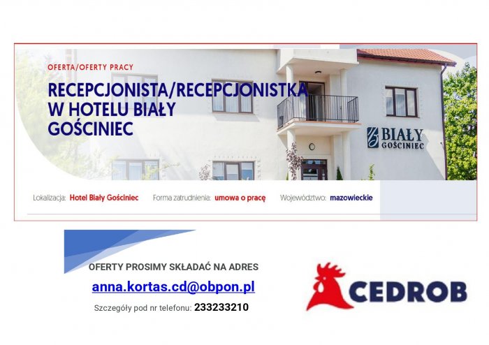Recepcjonista/Recepcjonistka w Hotelu Biały Gościniec Ciechanów