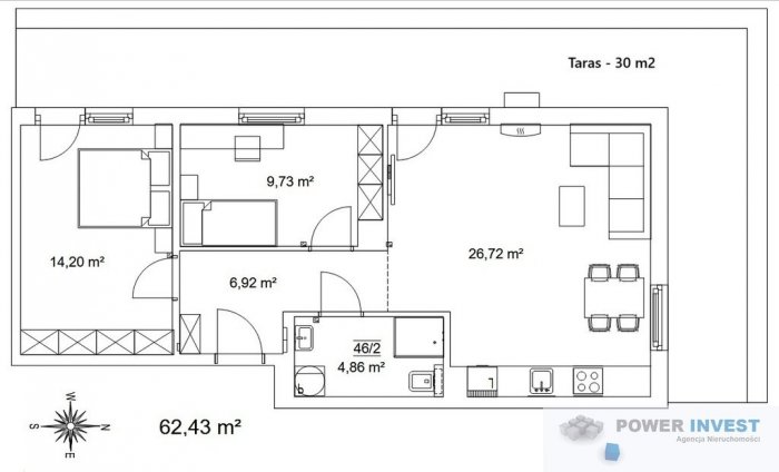 Słoneczne 3-pokojowe mieszkanie z balkonem, klima